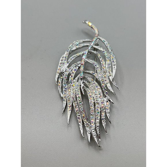 Vintage Rhinestones Feather Pin Brooch Silver Tone Aurora Borealis Oversized Pin - Picture 4 of 9